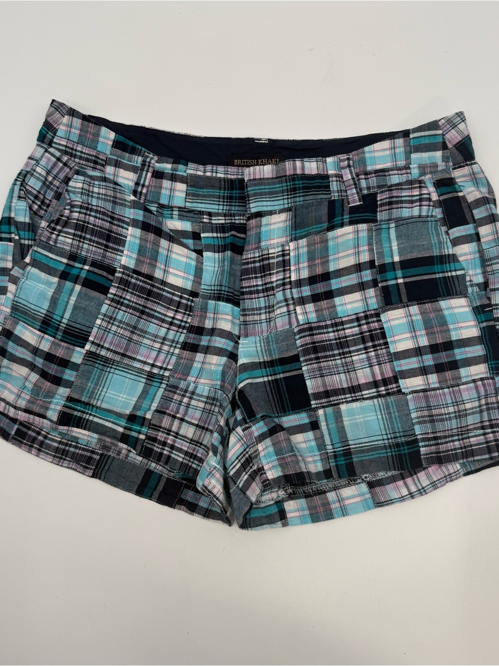 British Khaki Plaid Cotton Shorts in Teal, Black & White